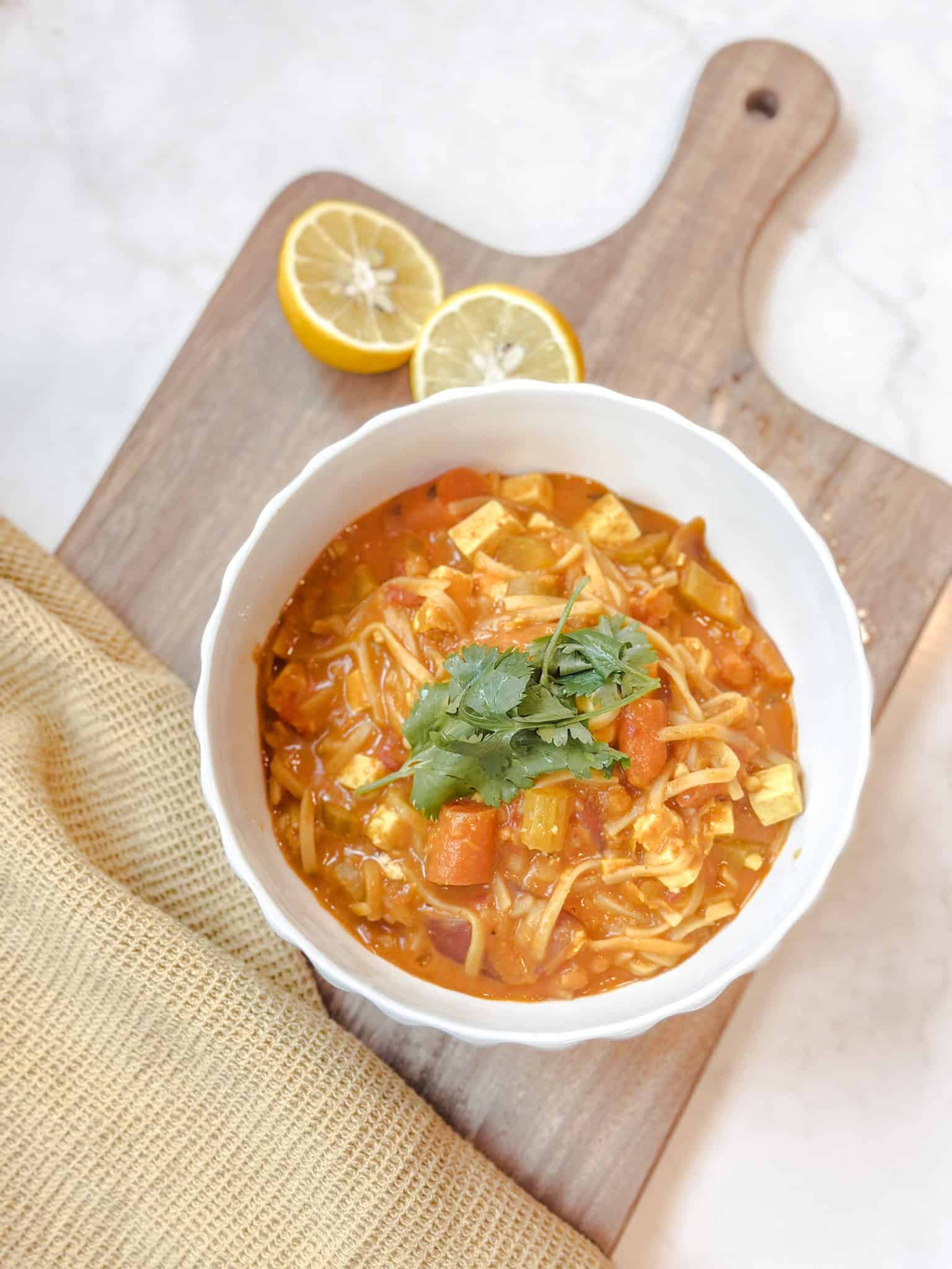 Spicy Tomato Coconut Noodle Vegan Soup (Anti-Inflammatory + Cozy)